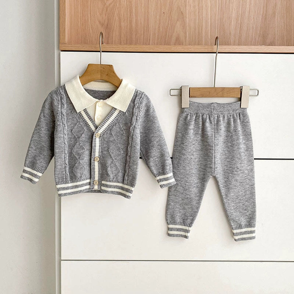 MyKids-USA® Baby Unisex Long Sleeves Color Patchwork Striped Pattern Knitted Top Cardigan and Long Trousers Clothing Set