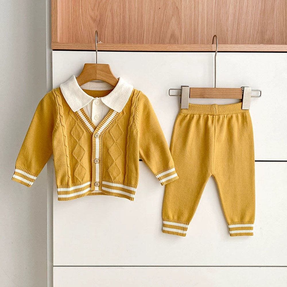 MyKids-USA® Baby Unisex Long Sleeves Color Patchwork Striped Pattern Knitted Top Cardigan and Long Trousers Clothing Set