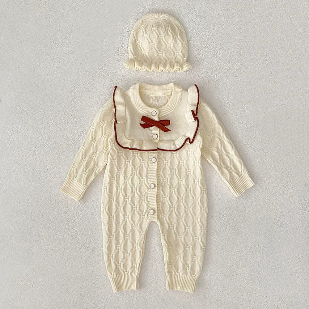 Autumn Arrival Unisex Baby’s Geometric Jacquard Pattern Knitted Rompers with Hat