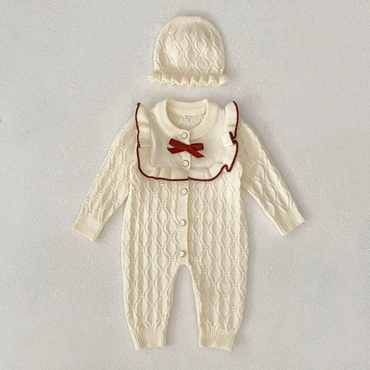 Autumn Arrival Unisex Baby’s Geometric Jacquard Pattern Knitted Rompers with Hat