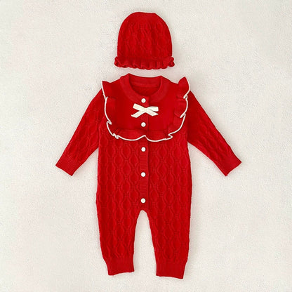 Autumn Arrival Unisex Baby’s Geometric Jacquard Pattern Knitted Rompers with Hat