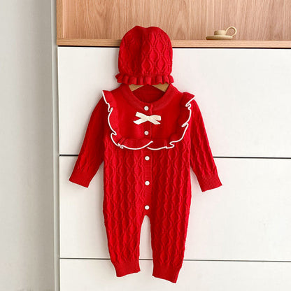 Autumn Arrival Unisex Baby’s Geometric Jacquard Pattern Knitted Rompers with Hat