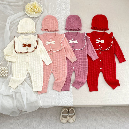 MyKids-USA® Autumn Arrival Unisex Baby’s Geometric Jacquard Pattern Knitted Rompers with Hat