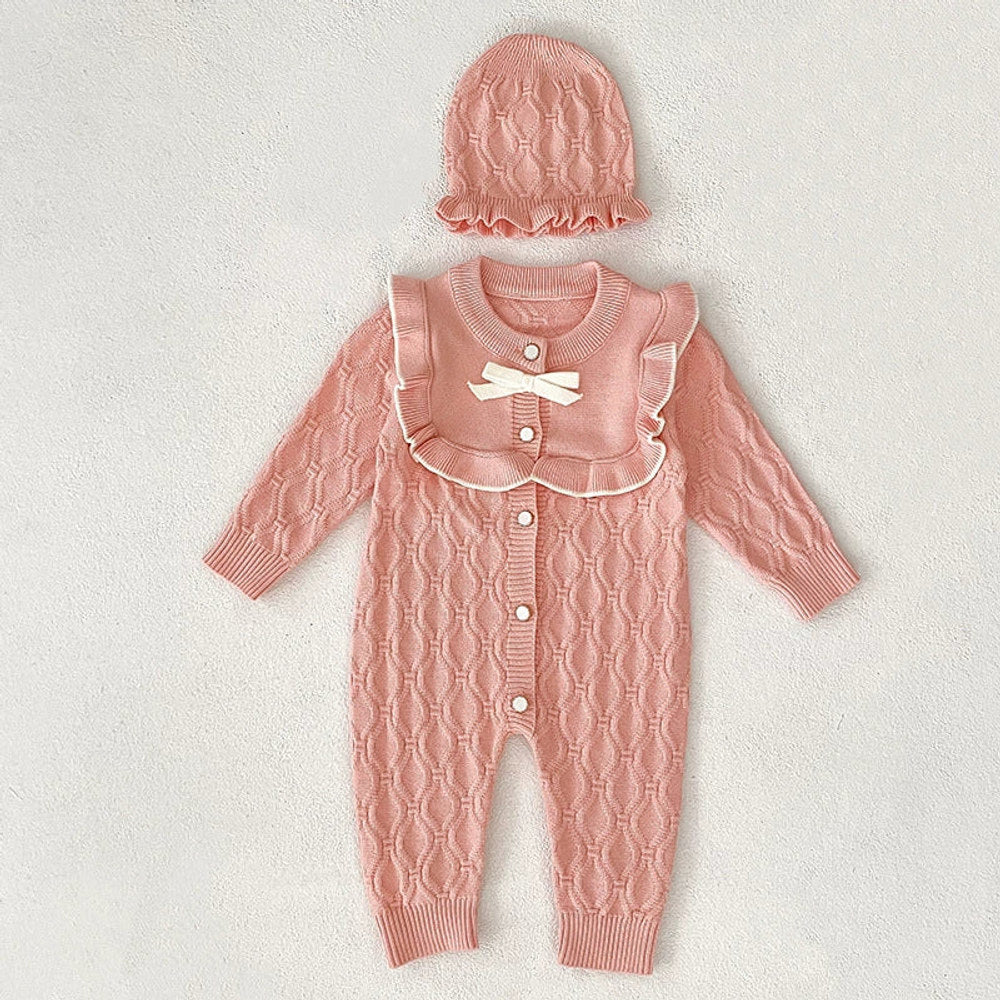 Autumn Arrival Unisex Baby’s Geometric Jacquard Pattern Knitted Rompers with Hat