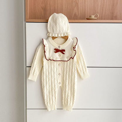 Autumn Arrival Unisex Baby’s Geometric Jacquard Pattern Knitted Rompers with Hat