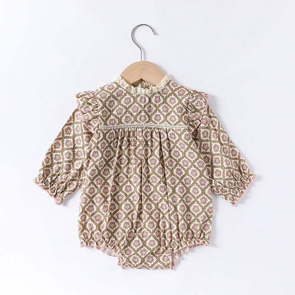 MyKids-USA® Baby Girls Long Sleeves Vintage Geometric and Flowers Pattern Rompers/bodysuit