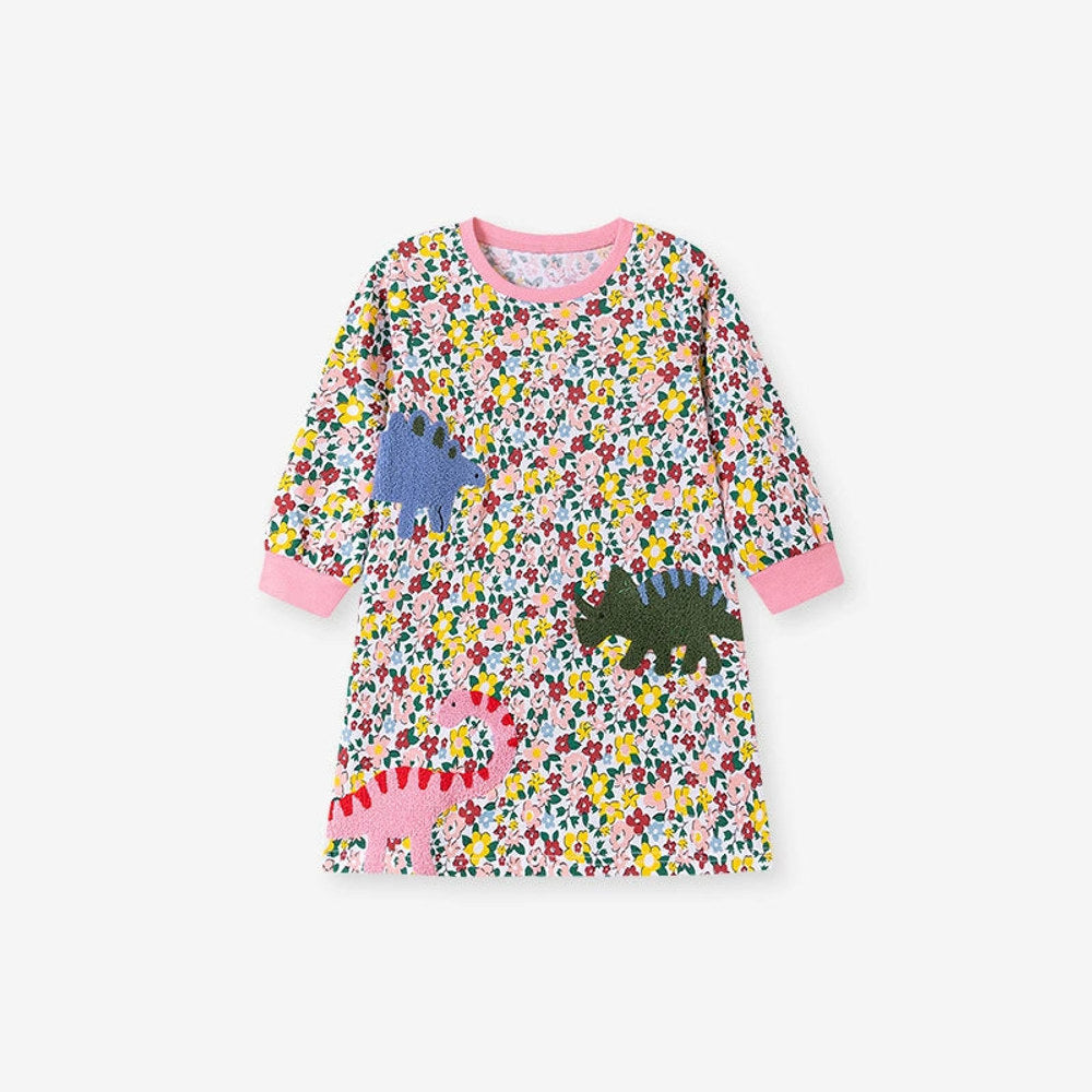 MyKids-USA® Cartoon Animals and Floral Pattern Long Sleeves Crew Neck Dress for Stylish Girls