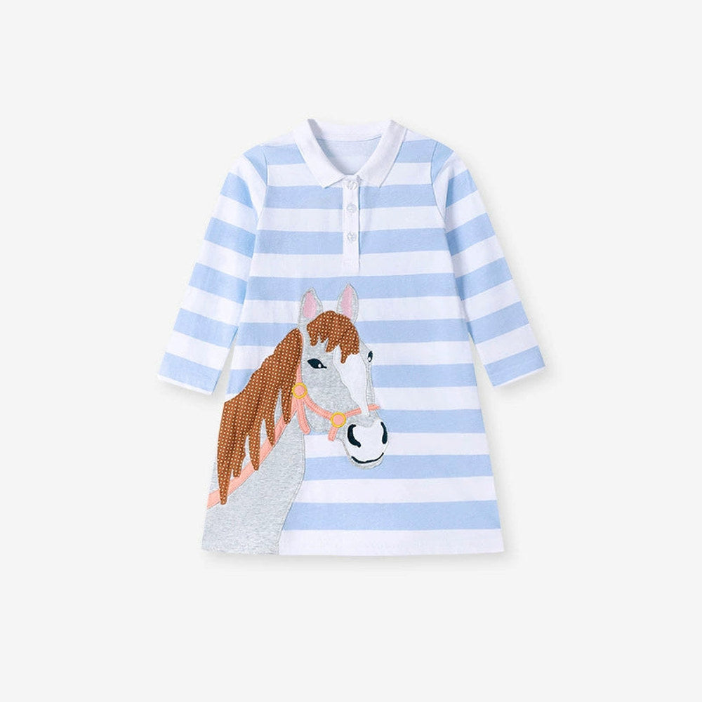 MyKids-USA® Cartoon Animals and Striped Pattern Long Sleeves Turn-down Collar Dress for Stylish Girls