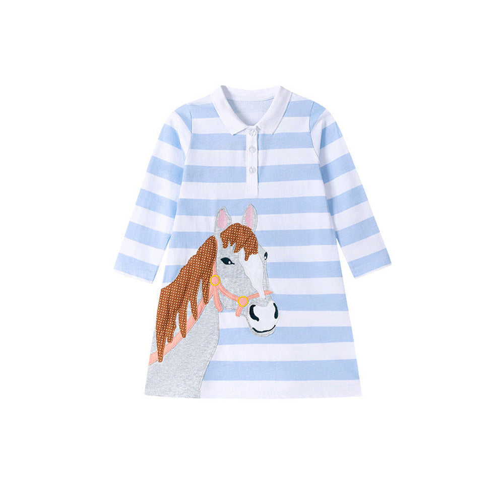 MyKids-USA® Cartoon Animals and Striped Pattern Long Sleeves Turn-down Collar Dress for Stylish Girls