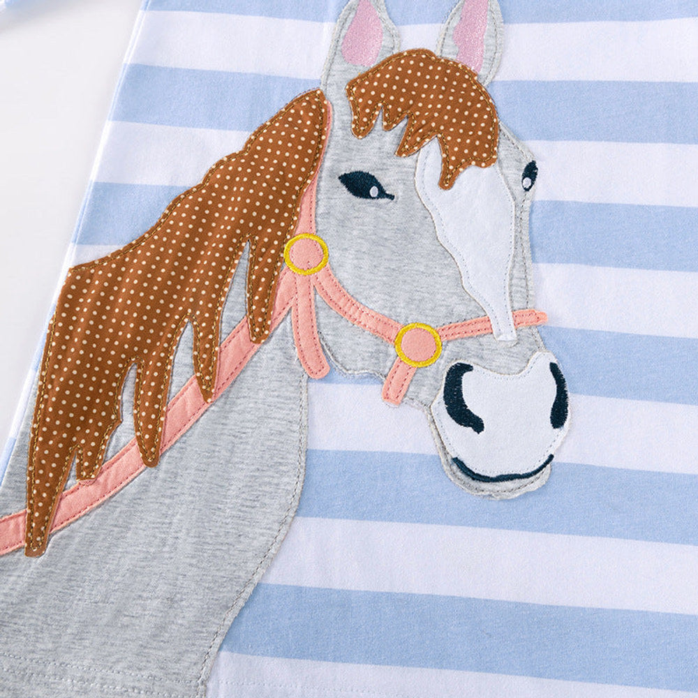 MyKids-USA® Cartoon Animals and Striped Pattern Long Sleeves Turn-down Collar Dress for Stylish Girls