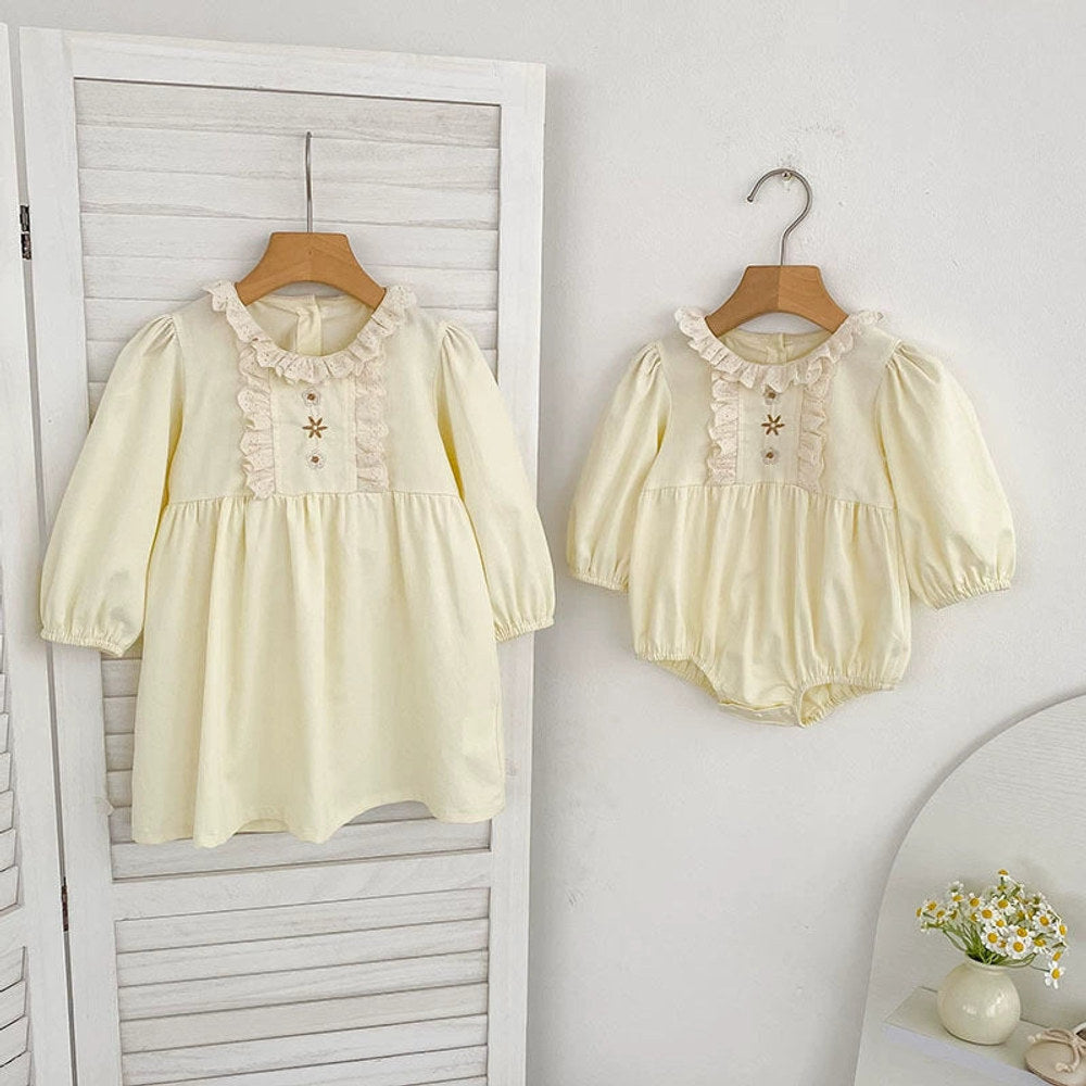 MyKids-USA® Baby Girls French Style Flowers Embroidered Pattern Long-sleeved bodysuit and Dress – Princess Sister Matching Set