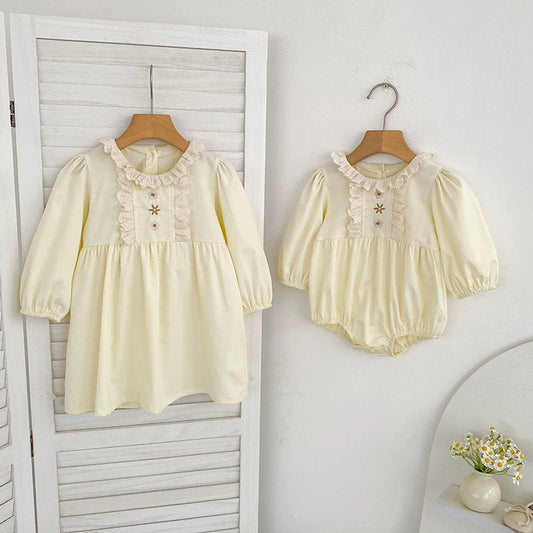 MyKids-USA® Baby Girls French Style Flowers Embroidered Pattern Long-sleeved bodysuit and Dress – Princess Sister Matching Set
