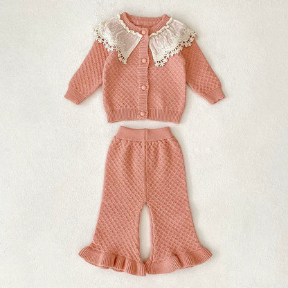 MyKids-USA® Baby Girls Long Sleeves Color Patchwork Geometric Jacquard Pattern Knitted Top Cardigan and Long Trousers Clothing Set