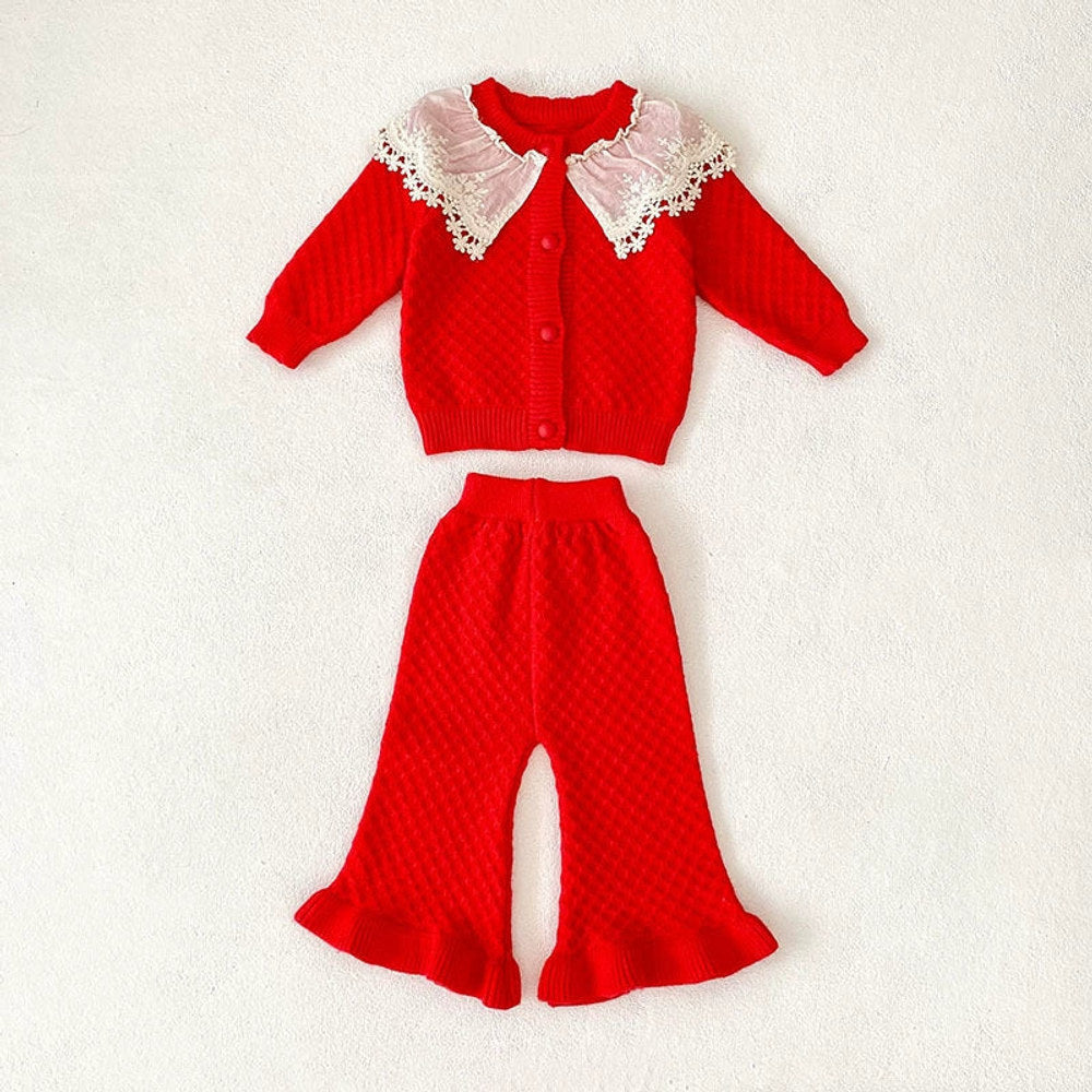 MyKids-USA® Baby Girls Long Sleeves Color Patchwork Geometric Jacquard Pattern Knitted Top Cardigan and Long Trousers Clothing Set