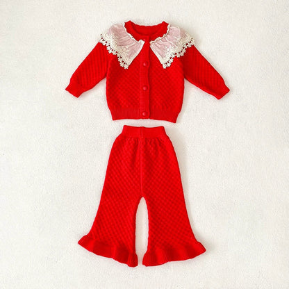 MyKids-USA® Baby Girls Long Sleeves Color Patchwork Geometric Jacquard Pattern Knitted Top Cardigan and Long Trousers Clothing Set