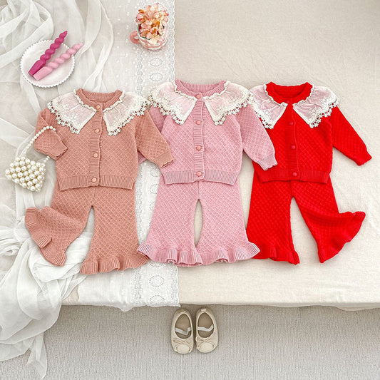 MyKids-USA® Baby Girls Long Sleeves Color Patchwork Geometric Jacquard Pattern Knitted Top Cardigan and Long Trousers Clothing Set