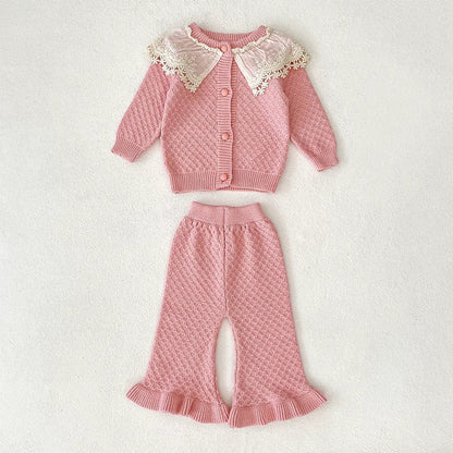 MyKids-USA® Baby Girls Long Sleeves Color Patchwork Geometric Jacquard Pattern Knitted Top Cardigan and Long Trousers Clothing Set