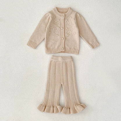 MyKids-USA® Baby Girls Long Sleeves Solid Color Flowers Jacquard Pattern Knitted Top Cardigan and Long Trousers Clothing Set