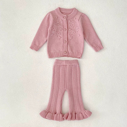 MyKids-USA® Baby Girls Long Sleeves Solid Color Flowers Jacquard Pattern Knitted Top Cardigan and Long Trousers Clothing Set