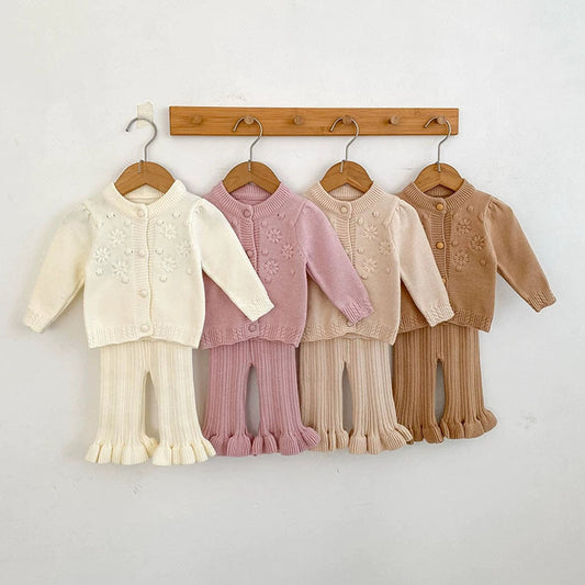 MyKids-USA® Baby Girls Long Sleeves Solid Color Flowers Jacquard Pattern Knitted Top Cardigan and Long Trousers Clothing Set