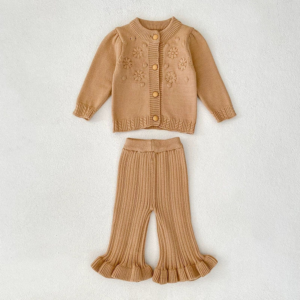 MyKids-USA® Baby Girls Long Sleeves Solid Color Flowers Jacquard Pattern Knitted Top Cardigan and Long Trousers Clothing Set