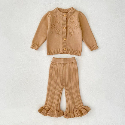 MyKids-USA® Baby Girls Long Sleeves Solid Color Flowers Jacquard Pattern Knitted Top Cardigan and Long Trousers Clothing Set