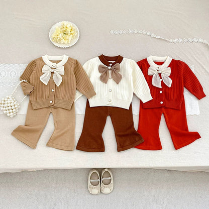 MyKids-USA® Baby Girls Long Sleeves Color Patchwork Jacquard Pattern Knitted Top Cardigan and Long Trousers Clothing Set