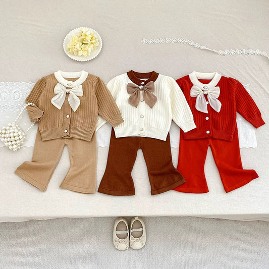 MyKids-USA® Baby Girls Long Sleeves Color Patchwork Jacquard Pattern Knitted Top Cardigan and Long Trousers Clothing Set