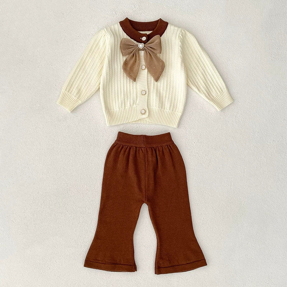 MyKids-USA® Baby Girls Long Sleeves Color Patchwork Jacquard Pattern Knitted Top Cardigan and Long Trousers Clothing Set
