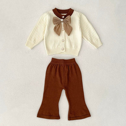 MyKids-USA® Baby Girls Long Sleeves Color Patchwork Jacquard Pattern Knitted Top Cardigan and Long Trousers Clothing Set