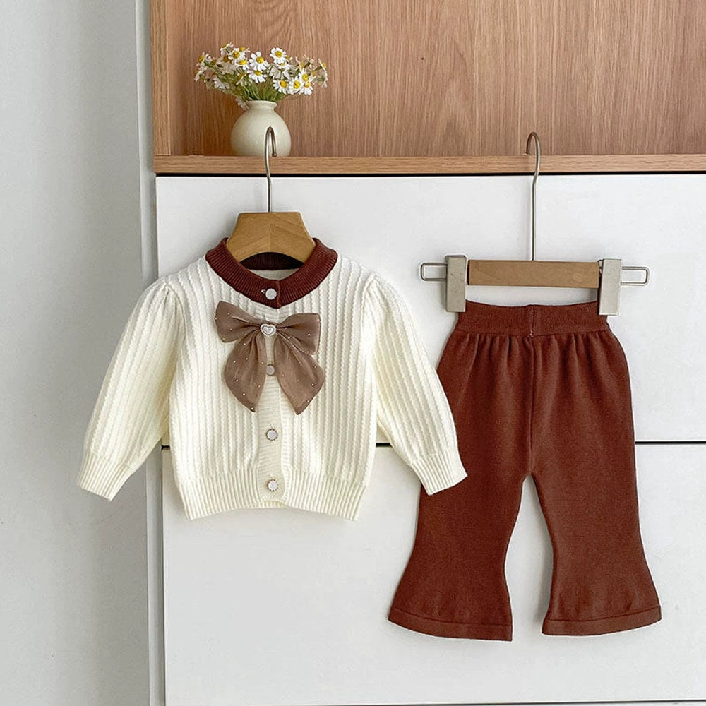 MyKids-USA® Baby Girls Long Sleeves Color Patchwork Jacquard Pattern Knitted Top Cardigan and Long Trousers Clothing Set