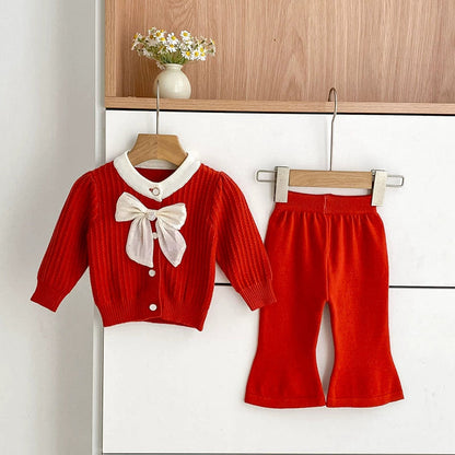 MyKids-USA® Baby Girls Long Sleeves Color Patchwork Jacquard Pattern Knitted Top Cardigan and Long Trousers Clothing Set