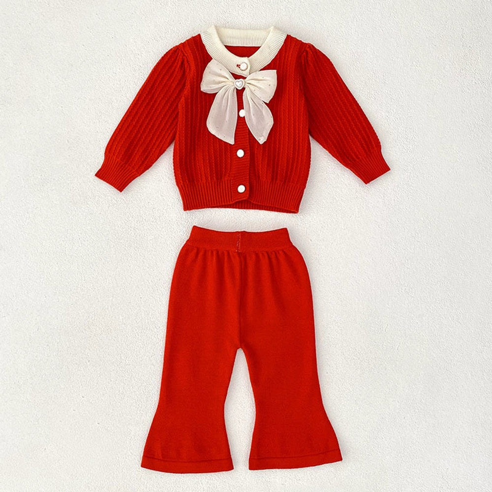 MyKids-USA® Baby Girls Long Sleeves Color Patchwork Jacquard Pattern Knitted Top Cardigan and Long Trousers Clothing Set