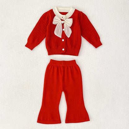 MyKids-USA® Baby Girls Long Sleeves Color Patchwork Jacquard Pattern Knitted Top Cardigan and Long Trousers Clothing Set
