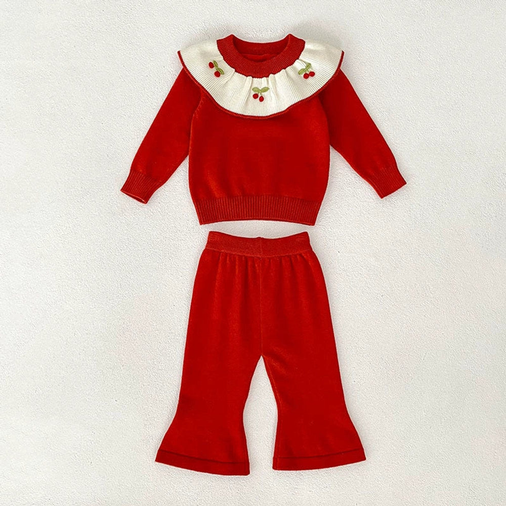 MyKids-USA® Baby Girls Long Sleeves Color Patchwork Cherry Embroidered Pattern Knitted Top Sweater and Long Trousers Clothing Set
