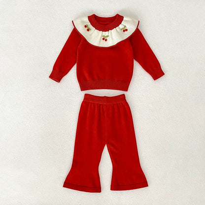 MyKids-USA® Baby Girls Long Sleeves Color Patchwork Cherry Embroidered Pattern Knitted Top Sweater and Long Trousers Clothing Set