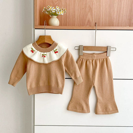 MyKids-USA® Baby Girls Long Sleeves Color Patchwork Cherry Embroidered Pattern Knitted Top Sweater and Long Trousers Clothing Set