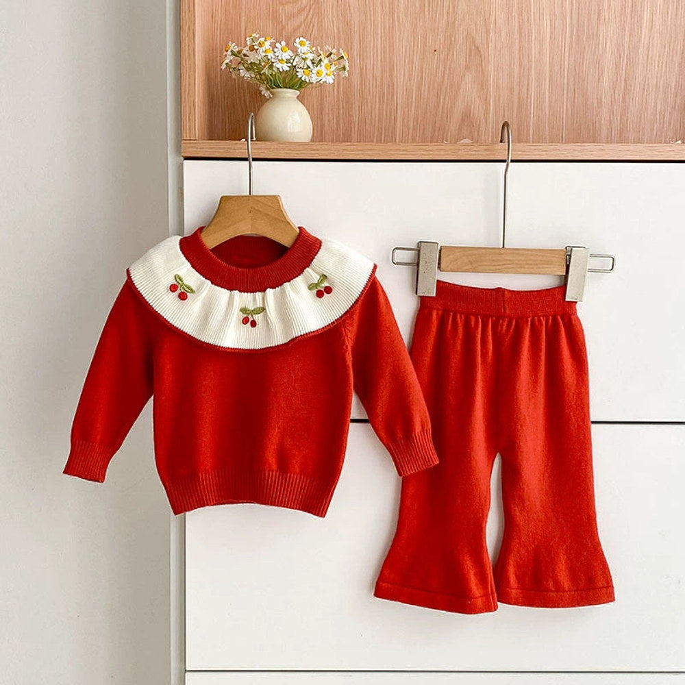 MyKids-USA® Baby Girls Long Sleeves Color Patchwork Cherry Embroidered Pattern Knitted Top Sweater and Long Trousers Clothing Set