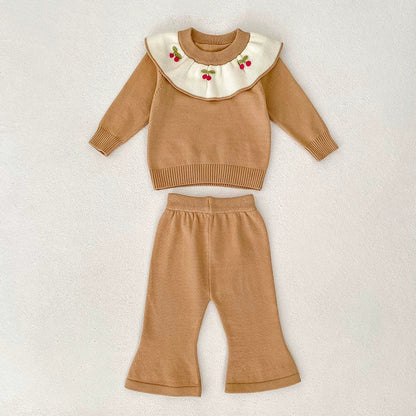 MyKids-USA® Baby Girls Long Sleeves Color Patchwork Cherry Embroidered Pattern Knitted Top Sweater and Long Trousers Clothing Set