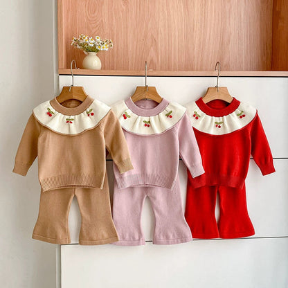 MyKids-USA® Baby Girls Long Sleeves Color Patchwork Cherry Embroidered Pattern Knitted Top Sweater and Long Trousers Clothing Set