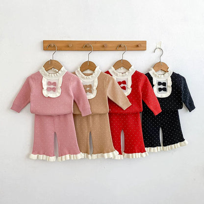 MyKids-USA® Baby Girls Long Sleeves Color Patchwork Dots Pattern Knitted Top Sweater and Long Trousers Clothing Set
