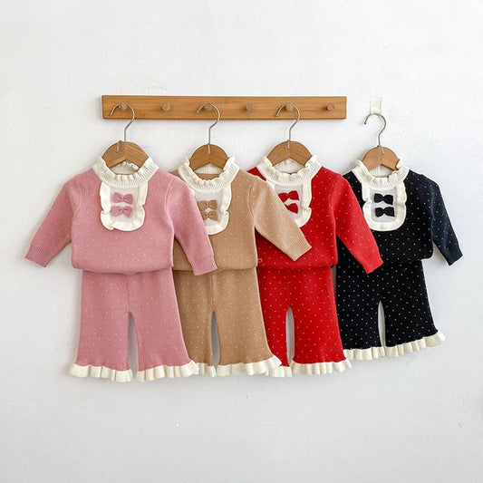 MyKids-USA® Baby Girls Long Sleeves Color Patchwork Dots Pattern Knitted Top Sweater and Long Trousers Clothing Set
