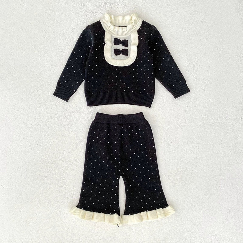 MyKids-USA® Baby Girls Long Sleeves Color Patchwork Dots Pattern Knitted Top Sweater and Long Trousers Clothing Set