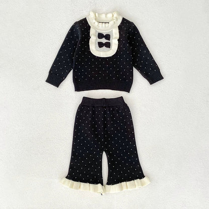 MyKids-USA® Baby Girls Long Sleeves Color Patchwork Dots Pattern Knitted Top Sweater and Long Trousers Clothing Set