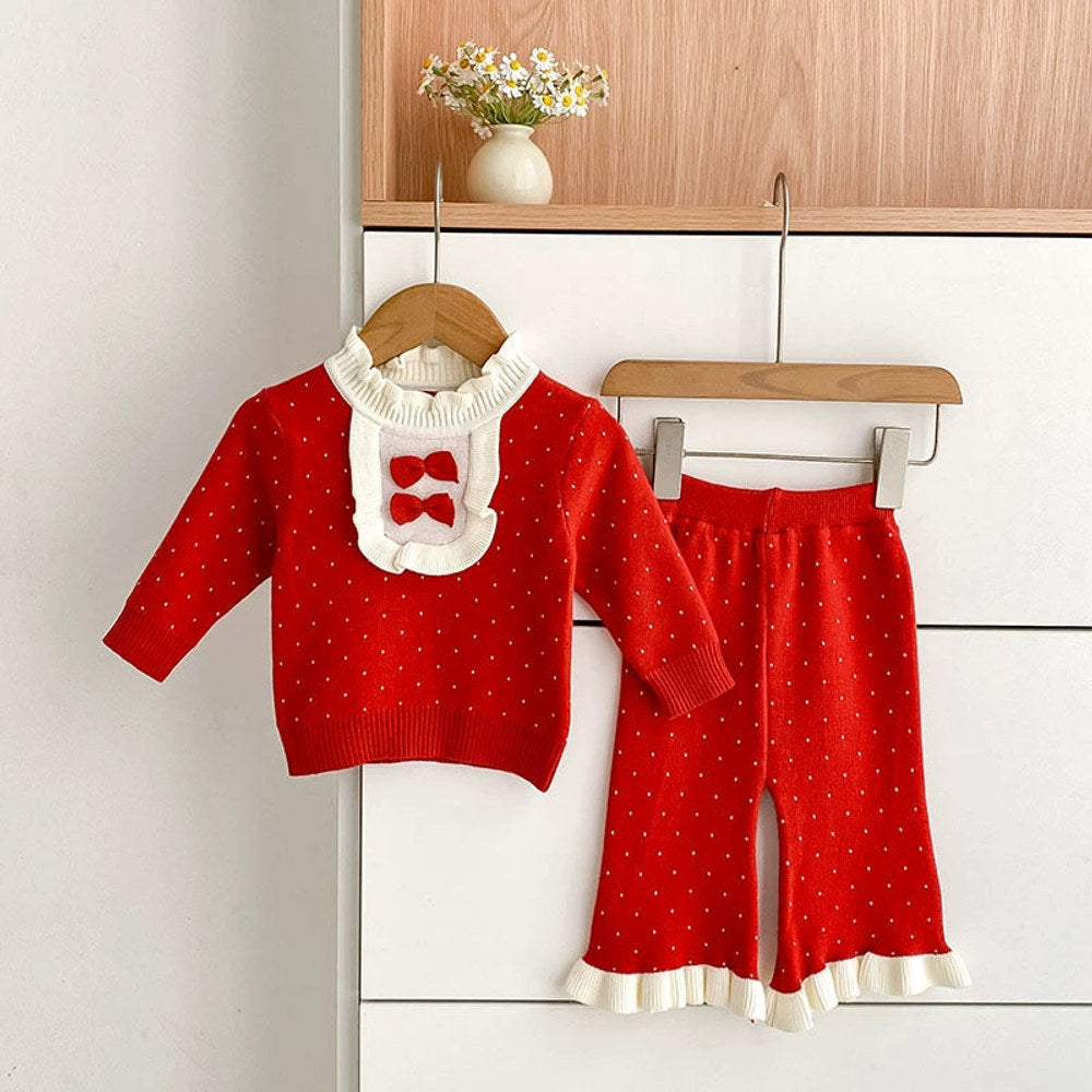 MyKids-USA® Baby Girls Long Sleeves Color Patchwork Dots Pattern Knitted Top Sweater and Long Trousers Clothing Set