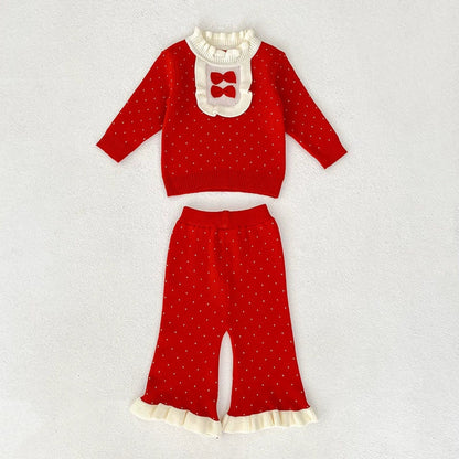 MyKids-USA® Baby Girls Long Sleeves Color Patchwork Dots Pattern Knitted Top Sweater and Long Trousers Clothing Set