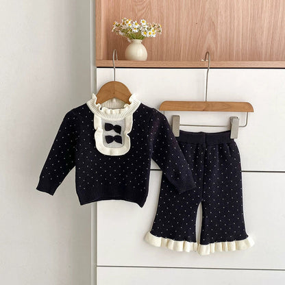 MyKids-USA® Baby Girls Long Sleeves Color Patchwork Dots Pattern Knitted Top Sweater and Long Trousers Clothing Set