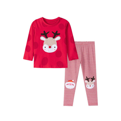 MyKids-USA® Spring and Autumn Girls Christmas Cartoon Pattern Sweatshirt and Striped Pants Clothing Set