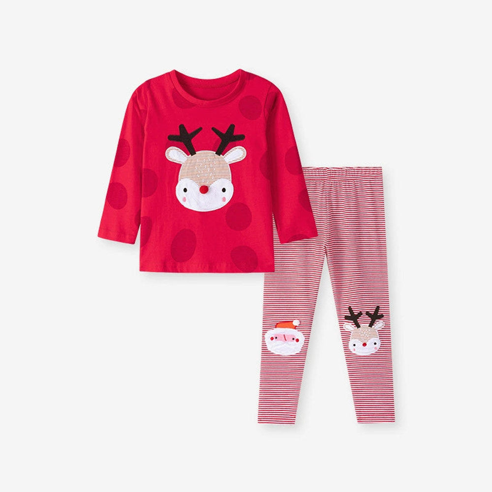 MyKids-USA® Spring and Autumn Girls Christmas Cartoon Pattern Sweatshirt and Striped Pants Clothing Set