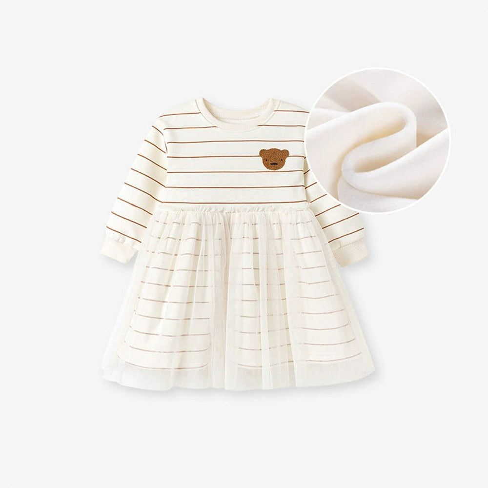 MyKids-USA® Warm Teddy Cartoon and Striped Pattern Long Sleeves Crew Neck Dress for Stylish Girls
